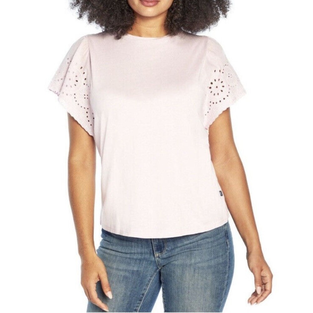 GAP Women's Pale Pink Eyelet Flutter Short Sleeve Scoop Neck Shirt Size Large